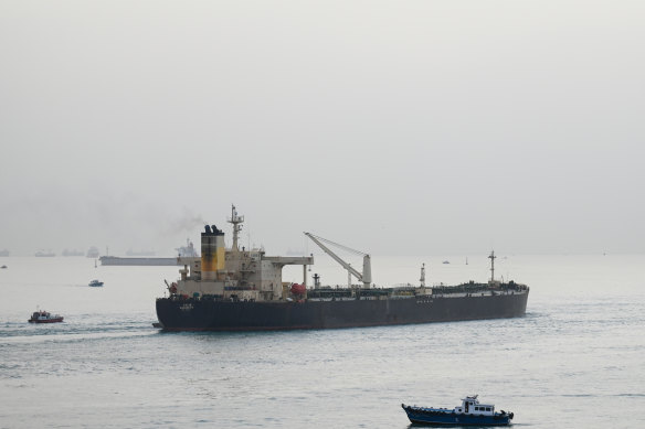 A ship transits the Suez Canal towards the Red Sea in Suez, Egypt. 