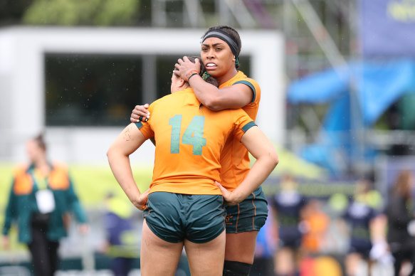 Sera Naiqama comforts Bienne Terita after full-time.