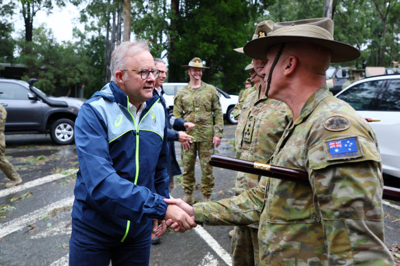 Prime Minister Anthony Albanese visited the Gallipoli Barracks in Brisbane during ex-tropical cyclone Alfred. 