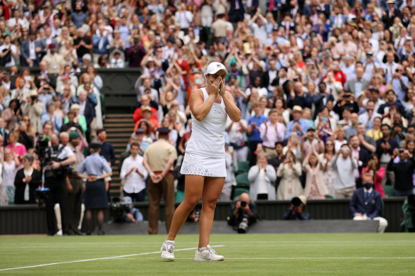 Ash Barty soaks in her win at Wimbledon.