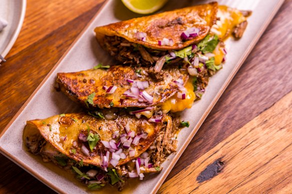 Cheesy birria tacos at Taquila's in Manly.