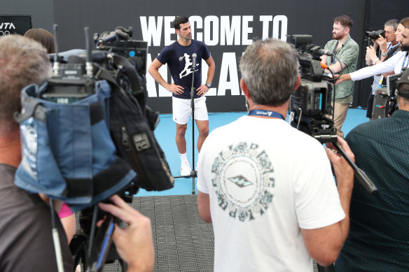 Novak Djokovic talks to the media after a practice session in Adelaide on Thursday.