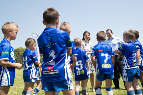 Former NSW premier Gladys Berejiklian and ex-minister for sport, Stuart Ayres, during a visit to Penrith Brothers JRL club in 2019.