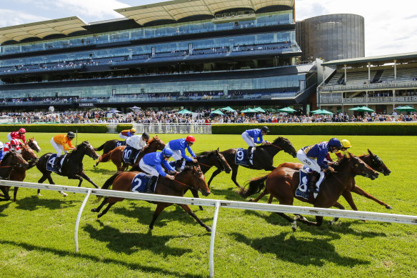 Jean Van Overmeire in the purple silks gets Glistening home in the Reisling Stakes.