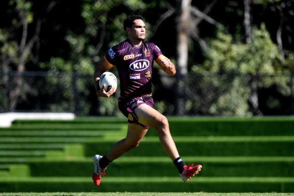 Xavier Coates, seen here in training, clocked 36.9km/h as he streaked away for an intercept try in their 27-6 loss to Newcastle.