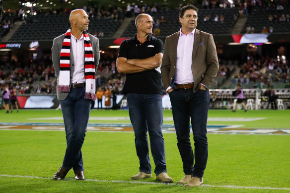 Garry Lyon (right), pictured with Stewart Loewe and Tony Lockett , could have a new role at Fox Footy next year.