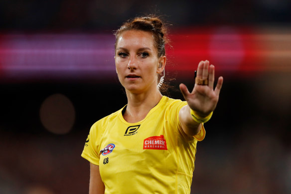 Eleni Glouftsis is the AFL’s first female field umpire.