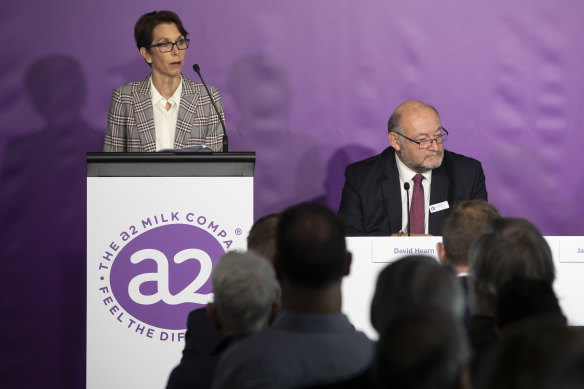Before things went sour - former a2 chief executive Jayne Hrdlicka and chairman David Hearn during the 2019 annual general meeting in Auckland. 