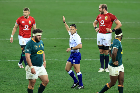 Nic Berry awards a penalty to the Lions during the first Test of the South Africa tour in July.