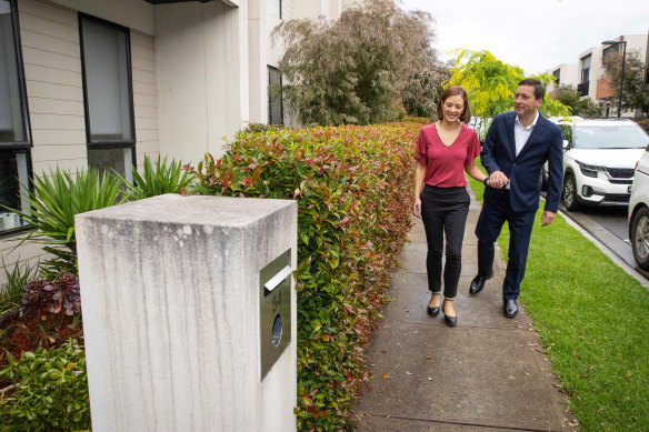 Victorian Opposition Leader Matthew Guy with his wife Renae in Cheltenham on Monday.