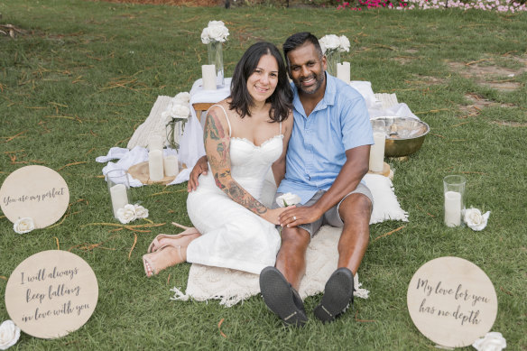 Allyson Massey and Stephen Krishna after the proposal at the picnic.