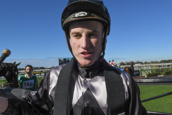 King for a day: Sam Weatherley in the mounting yard after Call Me Royal gave him the middle leg of a treble at Rosehill.