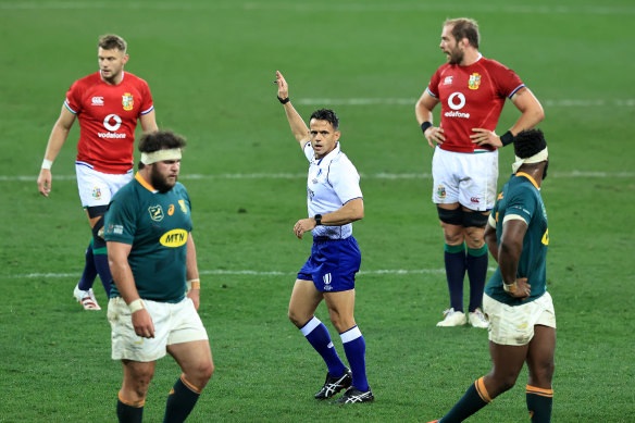 Nic Berry awards a penalty to the Lions in the first Test.