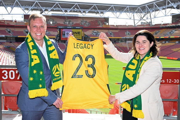 Deputy Premier Steven Miles and Football Australia’s Sarah Walsh talking ‘legacy’ at Suncorp Stadium on Wednesday.