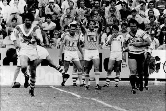 Les Boyd, right, is sent to the sin bin with Rod Reddy during a match in 1983.