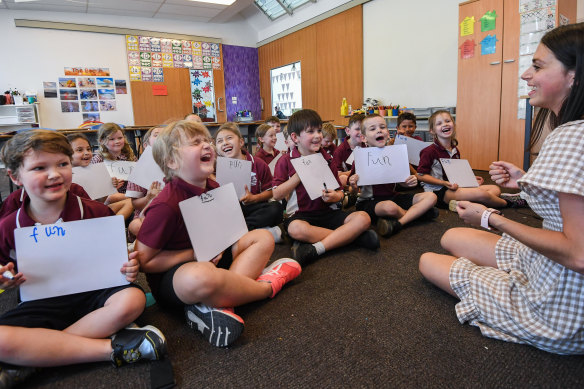 Churchill Primary School teacher Lina D’Alia uses phonics to teach year one students to read. 