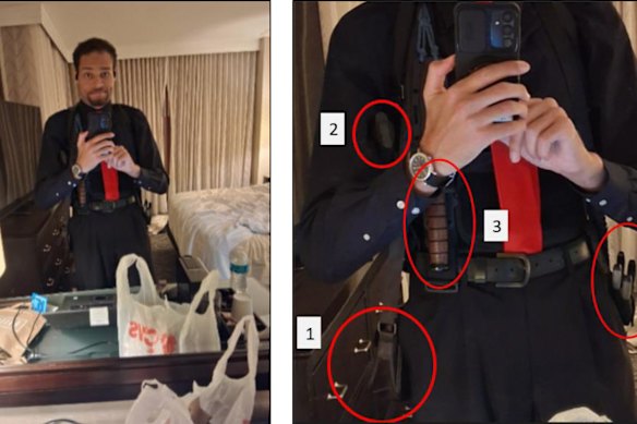 Photographs from a court filing by the US Justice Department showing alleged gunman Cole Tomas Allen inside a Washington hotel room.