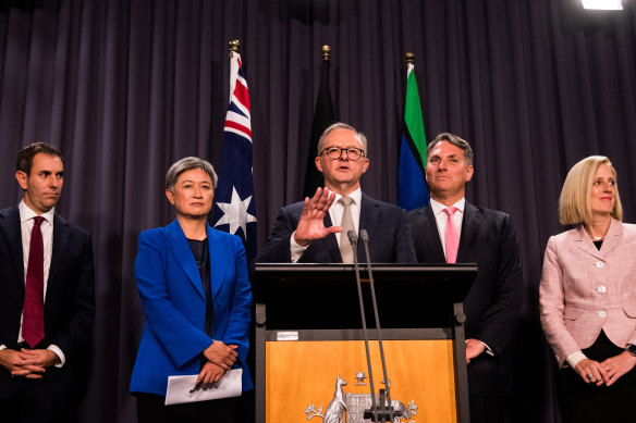 Anthony Albanese and his team at his first press conference as prime minister in May 2022.