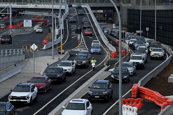 Traffic snarls approaching the Anzac Bridge at the Rozelle Interchange.