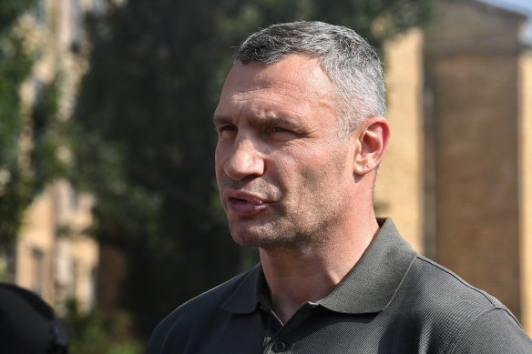 Kyiv Mayor and former boxer Vitali Klitschko near the scene of an apartment building that was hit by a missile attack at approximately 5am today in the Shevchenkivskyi district central Kyiv in June.