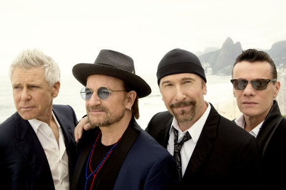 U2 in Rio de Janeiro, Brazil, in 2017 (l-r): Adam Clayton, Bono, The Edge, Larry Mullen Jr.