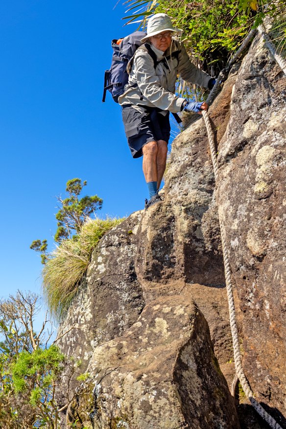 Navigating the roped section of Mount Gower.