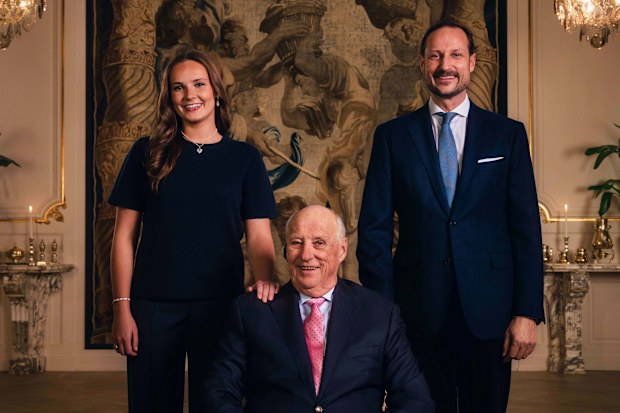 King Harald of Norway pictured for his 89th birthday (on February 21, 2026) with Crown Prince Haakon and Princess Ingrid Alexandra, Norwegian royal family line of succession.