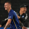 Mitchell Duke with Machida Zelvia coach Go Kuroda, who has the newly-promoted side on top of the J1.League table with 11 rounds to go.