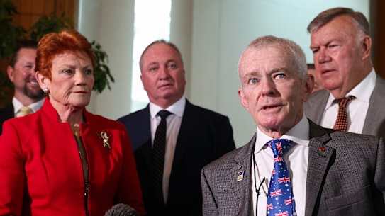 One Nation senator Malcolm Roberts, pictured with party colleagues Pauline Hanson, Barnaby Joyce and David Farley.