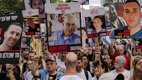 The families of hostages and their supporters gather in Tel Aviv in August.