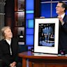 Paul McCartney’s parting gift to Stephen Colbert – a photo of the Beatles appearing on the same set for the Ed Sullivan Show 62 years ago.