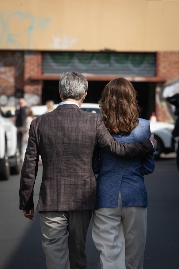 King Frederik embraces his Australian-born wife, Queen Mary, in Collingwood at the exhibition opening. This is their first official visit to Australia by the royal couple since the King’s ascension to the Danish throne in January 2024.