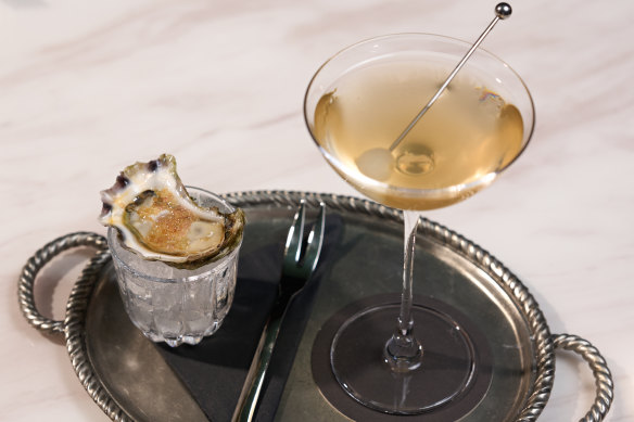The Cut’s Gibson martini is made with Never Never Oyster Shell gin and served with a Merimbula oyster spiked with vermouth mignonette and finger lime.