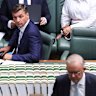 Opposition Leader Angus Taylor and Prime Minister Anthony Albanese ahead of Question Time at Parliament House in Canberra on Monday 2 March 2026. fedpol Photo: Alex Ellinghausen