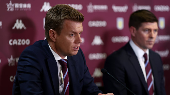 Aston Villa sporting director Johan Lange with manager Steven Gerrard.