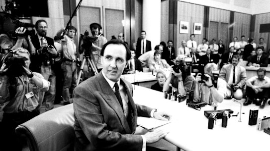Paul Keating speaks to the media at after making a successful challenge to the leadership of Bob Hawke.