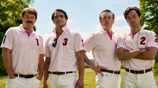 Danny Dyer as Freddie Jones, Luca Pasqualino as Bas Baddingham, Brendan Patricks as Henry Hampshire and Alex Hassell as Rupert Campbell-Black in Rivals.