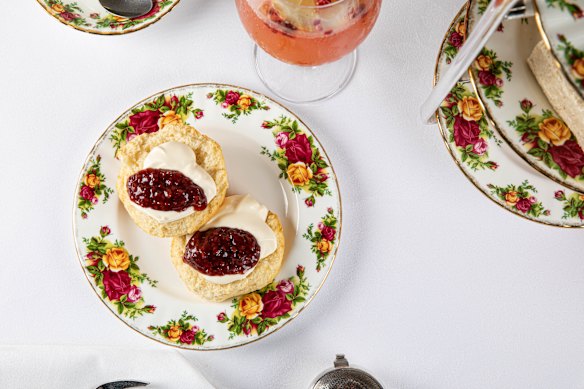 The Devonshire tea includes scones with jam and cream. 