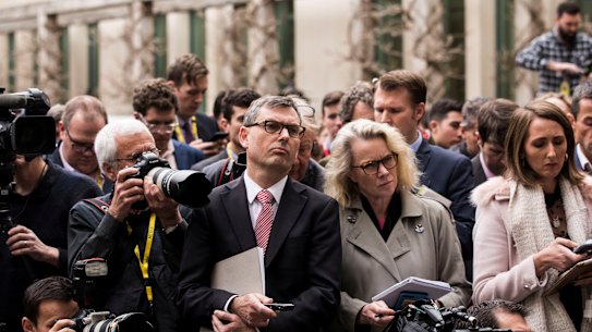 Members of the Canberra press gallery at a media conference at Parliament House.