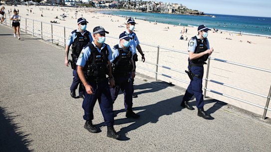Police on Bondi Beach during COVID-19 lockdown.