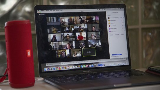 Students learning at home on a video-conferencing program.