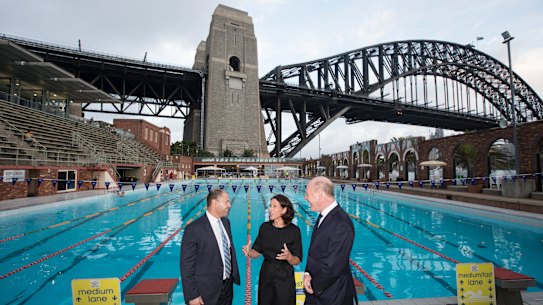 Treasurer Josh Frydenberg visited the pool with the mayor of North Sydney, Jilly Gibson, and North Sydney MP Trent Zimmerman during an election campaign stop last April.