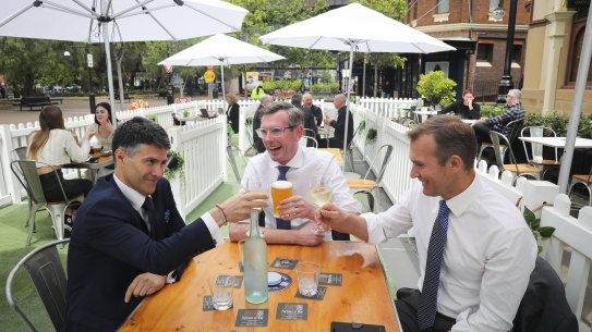 Minister for Customer Service Victor Dominello, NSW Treasurer Dominic Perrottet, Minister for Planning and Pubic Spaces Rob Stokes, launch the alfresco dining pilot in Sydney last year.