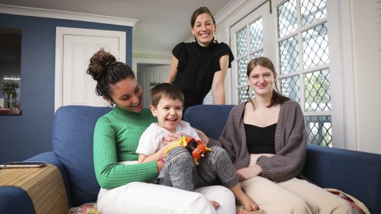 Jessica Seen, a Sydney client of 99aupairs, with son Charlie, 3. Her new au pair Giulia Spinelli (green top) is from overseas and her departing au pair Madeline Warr is from Australia, and will take up another placement in Melbourne.