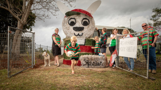 . Souths fans, the Skewes family have built a giant Reggie Rabbit in their front yard out of hay bales in Coulson west of Brisbane ahead of the NRL Grand Final this weekend
