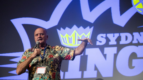 Sydney Kings chairman and owner Paul Smith in front of the NBL team's famous logo, which will change after failed negotiations with the Opera House Trust.