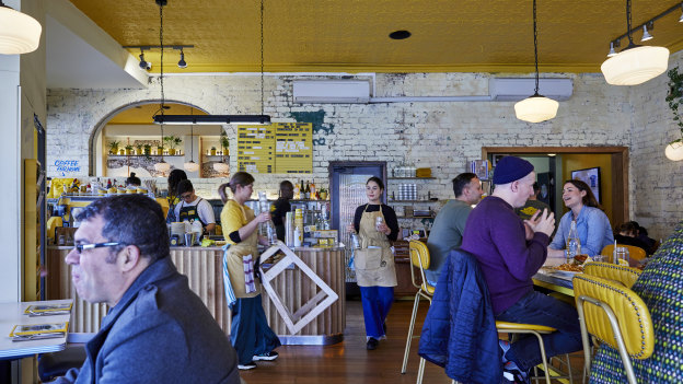 Inside the cheerful cafe Happyfield in Haberfield.