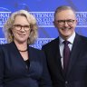 National Press Club of Australia President Laura Tingle and Opposition Leader Anthony Albanese during his address to the National Press Club of Australia in Canberra on Wednesday 18 May 2022. fedpol ausvotes22 Photo: Alex Ellinghausen