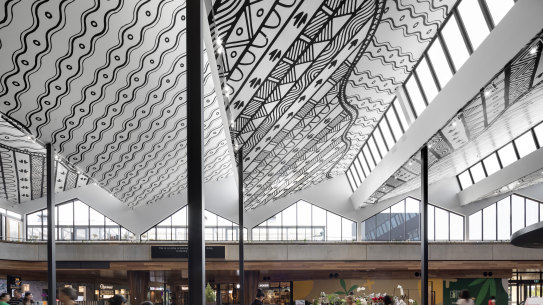 Artist Mandy Nicholson's ceiling design in Burwood Brickworks' market hall.