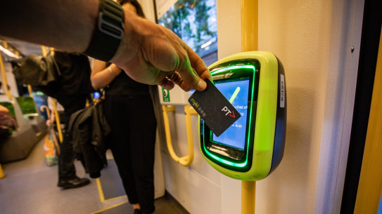 A myki pass being used on Melbourne public transport.